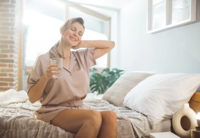 Woman smiling while holding hormone therapy pills in a relaxing setting.